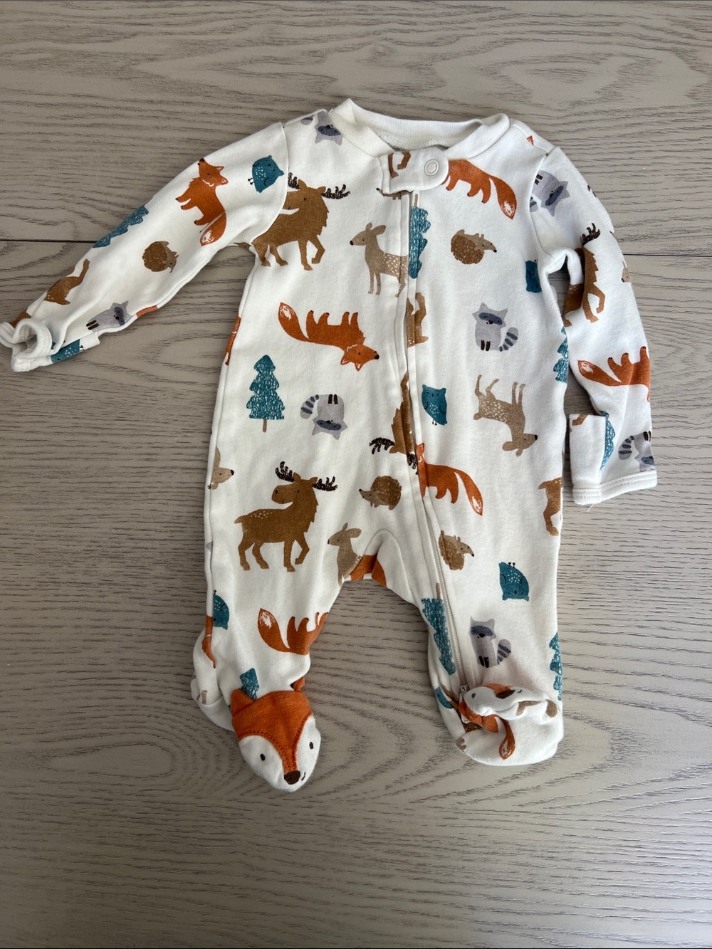 Cream Woodland Animal Footed One-Piece Pajamas with Fox Detail